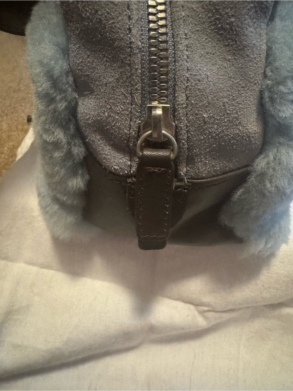 UGG Women's Blue Shearling Satchel with Brown Leather Trim - Picture 3 of 6